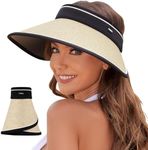 PuTian Sun Visor Hats for Women Wide Brim Ponytail Straw Summer Hat Roll-up Beach cap UPF50+ UV, Light Beige, One Size