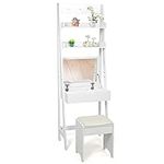 Multigot Ladder Desk, Dressing Vanity Set with Flip Top Mirror, 6 Removable Compartments, 2 Storage Shelves and 3 Hat Hooks, Makeup Shelving Table for Small Spaces