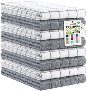 Kitinjoy Premium Kitchen Towels (16"x 28", 8 Pack), Large 100% Cotton Terry 390 GSM Kitchen Hand Towels, Ultra Absorbent Check Design Tea Towels Set with Hanging Loop, Grey