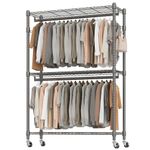 BATHWA Heavy Duty Garment Rack on Wheels, Rolling Clothes Racks for hanging clothes, Simple Sturdy Wardrobe Rack with Double Hanging Rods, 8 Side Hangers, Gray
