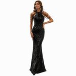 Lin Lin Q Women’s Formal Halterneck Sleeveless Sequin Evening Dress, Slim Fit Mermaid Cocktail Maxi Gowns, Black, X-Large