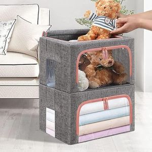 Clothes Storage Bins Box - 2 Pack 24L Cotton and linen foldable Stackable Container Organizer Set with Clear Window & Carry Handles & Metal Frame - Large Capacity for Bedding, Blankets, Toys, Books