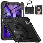 Timecity case for iPad Air 5th/4th Generation 10.9 Inch 2022/2020, Full-Body Shockproof Case with Screen Protector, 360° Rotating Stand, Hand/Shoulder Strap & Support Pencil 2nd Charger -Black