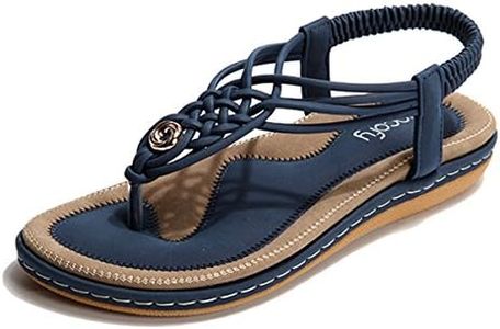 gracosy Summer Sandals for Women, Flat Sandals Flip Flops Thongs Clip Toe Slip On Elastic T-Strap Bohemia Beach Slippers Navy 11 M US