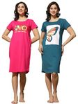 9shines Label Pack of 2 Cotton Knee Length Nighty Chemise | Maxi | Graphic Print Nightdress with Pocket for Women (Petrol Blue R Pink-2XL)