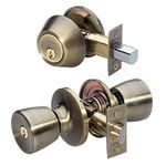 Master Lock Keyed Entry Door Lock, Single Cylinder Deadbolt with matching Tulip Style Knob, Antique Brass, TUCO0605,Combo