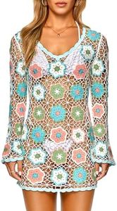 FAIRY SEASON Women's Crochet Beach Cover Up Dress Boho Bell Sleeve 3D Camellia Embroidery for Vacation, Pool Party