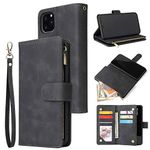 QLTYPRI Case for iPhone 11, Large Capacity Leather Wallet Case 6 Card Holder & 1 Zipper Pocket Kickstand Wrist Strap Magnetic Protective Cover for iPhone 11 (6.1 Inch) - Black