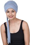 The Headsacrves Skin Friendly Bamboo Viscose Woman's Solid Pleated Beanies with Tails for Cancer Chemo Hair Loss (SS233_Faded Denim)