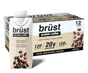 BRÜST PROTEIN COFFEE LIGHT ROAST (20g Protein, 120mg Caffeine, 120 Calories) Light Bodied, Slightly Sweetened, 330mL, 12 Pack, Brust Cold Brew Iced Coffee - AS SEEN ON DRAGON'S DEN