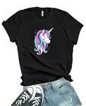 Decrum Black Women Graphic T Shirts Unicorn Gifts for Womens - Unicorn Tshirt | [40021014-AV] Blk Shy Unicorn, L