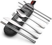 KITOME Portable Utensils, Travel Camping Cutlery Set, 8-Piece Including Knife Fork Spoon Chopsticks Cleaning Brush Straws Portable Case, Stainless Steel Flatware Set (Silver)