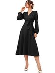 Vivvli Women's Polyester A-line V-Neck Bishop Sleeve Midi Belted Dress Black