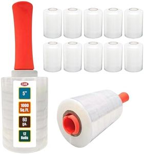 12 Pack Industrial Strength Mini Hand Stretch Wrap with 2 Plastic Handles, 60 Gauge Thick, 5" x 1000 Ft Roll, Shrink Wrap Roll for Moving Pallets, Plastic Wrap for Packing, Heavy Duty Stretch Film