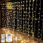 LE Curtain Lights Battery Powered, 3m x 3m 300 LED Warm White Fairy Curtain Lights, USB Powered 8 Modes Curtain Fairy Lights for Birthday Decorations, Wedding, Party, Garden, Bedroom, Remote Control