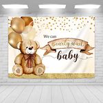 Imirell Bear Baby Shower Backdrop 7Wx5H Feet We Can Bearly Wait Cute Lovely Brown Balloons Gold Dots Polyester Fabric Boy Girl Kids Party Photography Backgrounds Photo Shoot Decor Props Decoration