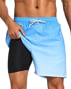 SILKWORLD Mens Swimming Trunks with Boxer Brief Liner Quick Dry Stretch Bathing Suit Swim Shorts with Zipper Pockets,Blue Gradient,XX-Large