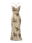 Milumia Women's Floral Ruched Mesh Bodycon Maxi Dress Cowl Neck Long Cami Dress, Apricot Khaki, Large