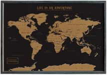 Splosh Travel Map - XL Desk World Map Pin Board in Black, Wooden Frame. World Map Cork Board with 100 Pins in 2 Colours to Mark Your Past and Future Adventures Framed World Maps for Desks.