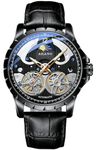 B BINGER Men's Skeleton Watches Automatic Ailang Watch with Dual Balance Wheels Wristwatch, Black