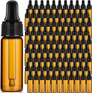 Bokon 100 Pcs Glass Dropping Bottles Mini Essential Oil Dropper Bottles Empty Sample Vials with Black Cap Tiny Storage Jars with Dropper for Perfumes Cosmetic Liquid Aromatherapy Lab (Amber,5 ml)