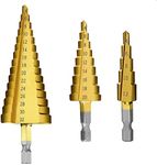 Chargenyang 3 Pcs Straight Grooved Step Drill Bit Set, High Step Steel Titanium Drill Bits Set in Three Metric Sizes 4-12/4-20/4-32mm Hex Shank Drive, HSS Cut Tool Set for Metal Wood DIY Plastic