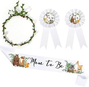 4 Pieces Mom to Be Sash for Woodland, Baby Shower Sash Mom to Be Corsage with Sage Green Leaf Crown Dad to Be Corsage Set Woodland Theme Baby Shower Party Favors for Gender Reveal (White Flower)