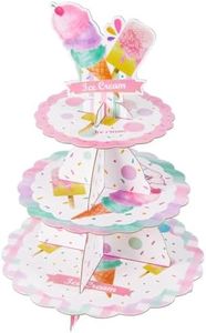 WERNNSAI Ice Cream Cupcake Stand - 3 Tier Ice Cream Birthday Party Decorations for Girls Kids Summer Popsicle Cupcake Holder Dessert Tower Round Serving Tray Stand for Baby Shower Wedding Supplies