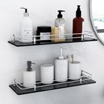 FORTUNE Multipurpose Wall Hung Glass Shelf, Front Bathroom Shelf with Wall Brackets Storage Holder, 18 x 6 -inch (Black)-(Pack of 2)