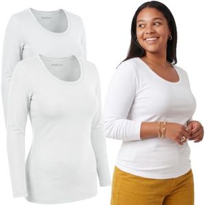 Emmalise Women's Junior and Plus Size Basic Scoop Neck Tshirt Long Sleeve Tee, 2XL, 2Pk White, White