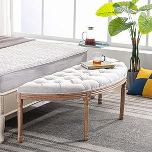 DM Furniture 55" Halfmoon Entryway Bench Tufted Semi Circle Ottoman Bench Seat French Style Upholstered Bed End Bench for Foyer Mudroom Bedroom, Beige