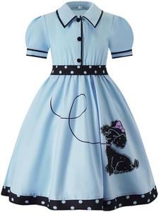 ODIZLI Vintage Dress for Girls Short Puff Sleeve Swing Poodle Skirts Dress 1950s Tea Party Little Kids Graduation Dresses for Girl School Holiday Birthday 50s Cocktail Dresses Retro Blue 8-9 Years