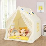 Costzon Kids Tent, Toddler Indoor Outdoor Playhouse w/Windows, Washable Cotton Mat, Star Lights, Hanging Flags & Storage Pocket, Large Play Tent for Boys Girls Holiday Birthday Gift (Beige)