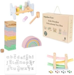 Wooden Toys for Kids, 5 in 1 Learning Educational Set (Includes Rainbow Stacker, Hammering Pounding, Race Track, Tumbling Tower Blocks, Alphabet Writing)- Gift for Boys Girls