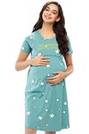 ZEYO Women's Cotton All Over Print Knee Length Maternity & Feeding Short Nighty (ZMFS-5632-GR-M, Green, M)