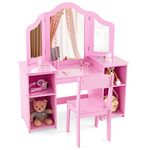 GYMAX Kids Dressing Table and Chair Set, 2 in 1 Children Vanity Table with Tri-Folding Mirror and Storage Shelf, Wooden Girls Make-up Dresser for Bedroom