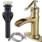 Brushed Gold Bathroom Faucet,NeierThodore Waterfall Bathroom Faucet with Pop Up Drain Single Handle Bathroom Faucets for Sink One Hole or Three Holes Vanity Sink Faucet Restroom Faucets…