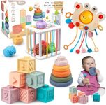 Baby Toys 6 to12-18 Months, Montessori Toys for 1-3 Year, 4 in 1 Stacking Building Blocks Infant Toys,Pull String Baby Teething Toys3-6-9-12 M+,Shape Bin Sensory Toys, Baby Boy Girl Birthday Gifts