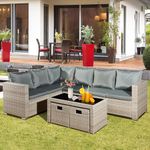 Aweather 8 Seater Rattan Corner Sofa Set Rattan Garden Furniture Set All-Weather PE Rattan Wicker Patio Conversation Set with Modern Glass Coffee Table and Washable Cushions (Gray)