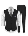 MAGE MALE Men's Linen 2 Piece Suit Slim Fit Wedding Groomsmen Summer Vest Pants Set with Pocket Square Black