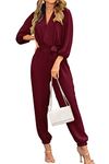 PRETTYGARDEN Womens Jumpsuits Fall One Piece Outfits 2024 V Neck Long Sleeve Belt Pockets Long Pants Romper Casual Dressy (Wine Red,Medium)