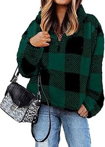 BTFBM Women Sherpa Pullover Quarter Zip Long Sleeve Fluffy Soft Fleece Jackets Sweaters Sweatshirts Hoodies Outwear Coat (Plaid Green, Small)