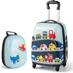 INFANS 2PCS Kids Luggage Set, 12’’ Travel Backpack and 16’’ Carry on Suitcase with Rolling Spinner Wheels for Children Boys Girls, Trolley Case Gift for Toddlers (Car & Aircraft)