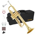 Ideamax Bb Standard Trumpet Set, Brass Student Trumpet Instrument for Beginner with Hard Case, Cleaning Kit, 7C Mouthpiece and Gloves, Golden