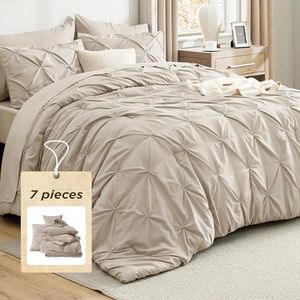 Bedsure Queen Comforter Set Beige - Bed in a Bag Queen Size Bedding 7 Pieces, GentleSoft™ Pintuck Bed Set Gift for Family, All Season Down Alternative Comforter with Sheets, Pillowcases & Shams