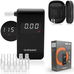 Overmax AD-10 Alcoomètre, Alcootest Personnel, Mesure de Précision +/- 0,05 ‰ / 0,005% BAC, 15 Embouts Buccaux, Temps de Réponse 5 Secondes Mémoire de Mesure, Calibrage, Piles 2 x AAA