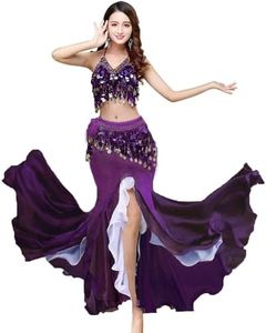 ORIDOOR Women's Belly Dance Dress Belly Crop Top Bra Top and Belt Chiffon Dancing Split Skirt Costume 3-Piece Outfit, Purple, One Size