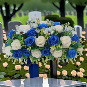 PAKJCKERM Cemetery Tombstone Flower Saddle-Headstone Flower Saddle,Artificial Cemetery Flowers,Outdoor Grave Saddle Headstone Decorations Blue and White Rose