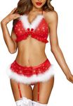 RSLOVE Women Christmas Lingerie Set with Garter Belts Sexy Santa Babydoll Teddy 4 Piece Bra and Panty Set with Hat Red M