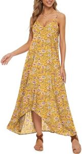 LILBETTER Women V-Neck Polka Dot Print Spaghetti Strap Boho Long Maxi Dresses(F LZ Yellow Large)